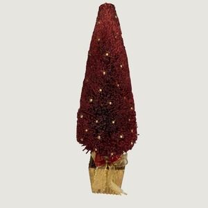 Red Bottle Brush Christmas Tree Gold Beads Fluted Base Tabletop Decor 20 Inch